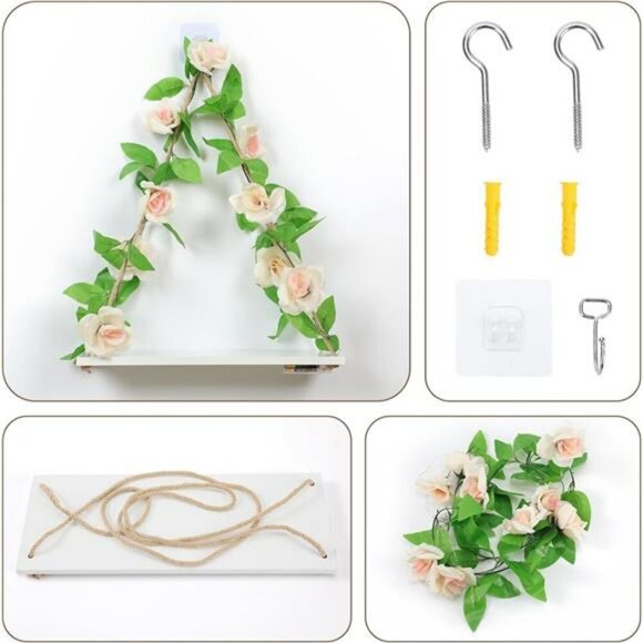 Floating Boho Wall Shelves Hanging Plant Shelf No Drill Rustic Wood Decor Set - Picture 5 of 7